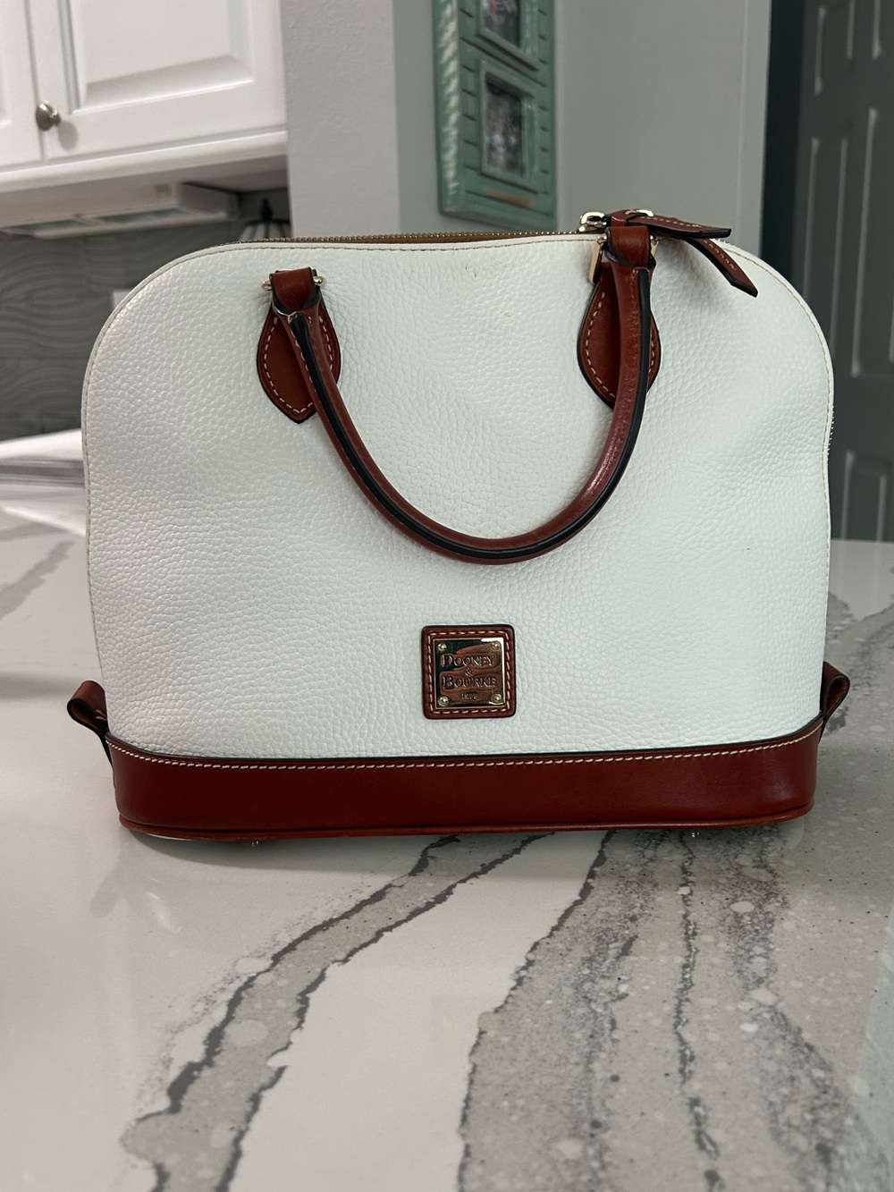 NWOT Dooney & Bourke Cream/White/Brown Leather Satchel with Top Handles